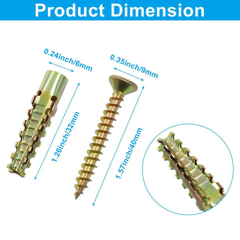 20 Pack Gold Anchors And Screws Kit dimensions, 6x32mm anchor and 6x40mm screw for hollow walls with tree shape expansion.