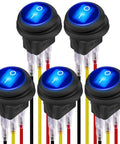 5 pack of 12V Waterproof Round Rocker Switch With Blue LED Light 3 Pin On Off 20A Weatherproof Marine Grade Toggle
