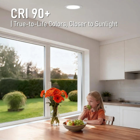 Child eating at kitchen table under 12 Pack 6 Inch Ultra Thin LED Recessed Downlights With Junction Box, CRI90, Aluminum Construction, 5000K Daylight, Dimmable From 5% To 100%, Slim Recessed Lighting, 12W 1100 Lumens, ETL Listed And Energy Star Certified