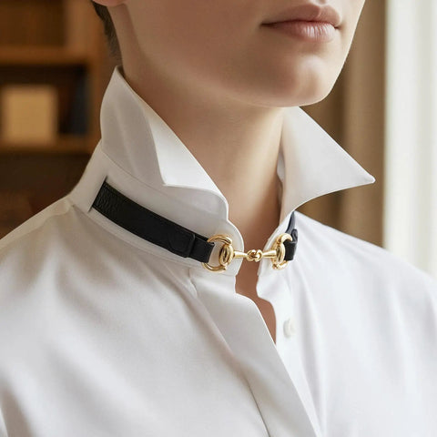 Six Piece Set Medium Horse Bit Buckles D Ring Gold Snaffle Buckles Perfect For Women Must Have necklace on white collar