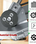Close-up of Pro Grade Drill Nibbler Attachment for sheet metal cutting with coated blade showing precision gear design and features.