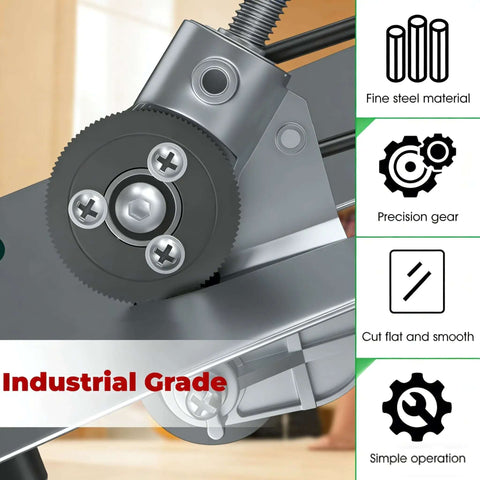 Close-up of Pro Grade Drill Nibbler Attachment for sheet metal cutting with coated blade showing precision gear design and features.