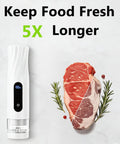 Compact Handheld Vacuum Sealer For Food Storage With 80kPa Suction 1800mAh Battery beside fresh and sealed steak illustration