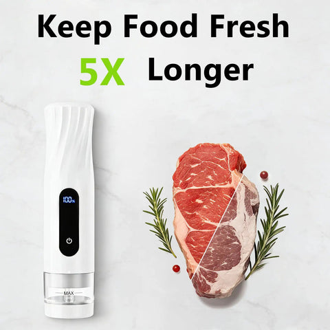 Compact Handheld Vacuum Sealer For Food Storage With 80kPa Suction 1800mAh Battery beside fresh and sealed steak illustration