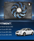 Keep Your Ride Smooth As Butter With This High Performance Dual Electric Radiator And Condenser Fan Assembly Easy Drop In Upgrade For Chevy Cruze And Buick Verano 2012 To 2017, showing dual fan assembly and fitment details.