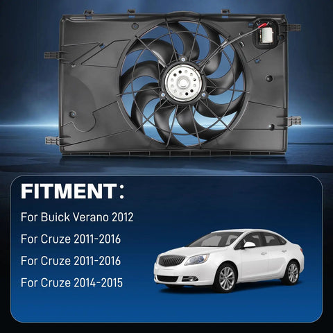 Keep Your Ride Smooth As Butter With This High Performance Dual Electric Radiator And Condenser Fan Assembly Easy Drop In Upgrade For Chevy Cruze And Buick Verano 2012 To 2017, showing dual fan assembly and fitment details.