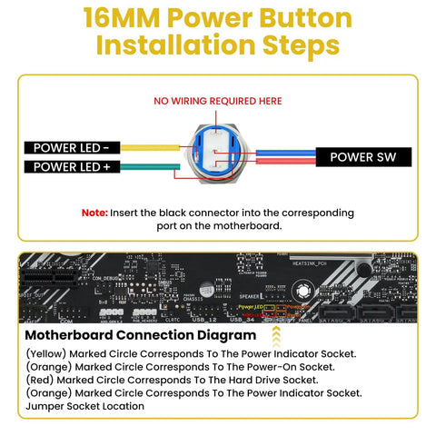 Diagram showing 16mm power button installation for 2 Pack Chassis Switch With Metal Button 12mm Boot Reset And 16mm Host Switch Cable 60cm Extension.