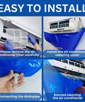 Collage showing Go-To Mini Split Cleaning Kit Bag With 2L High Pressure Sprayer in use: filter removal, cover installation, and cleaning process.