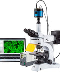Upright Fluorescence Microscope 40X To 1000X With Rotating 6 Filter Turret And Ultra Sensitive 1.4MP CCD Camera, Infinity Corrected Optics, Lab Ready Pro Grade Quality For Classrooms And Labs, with laptop and camera