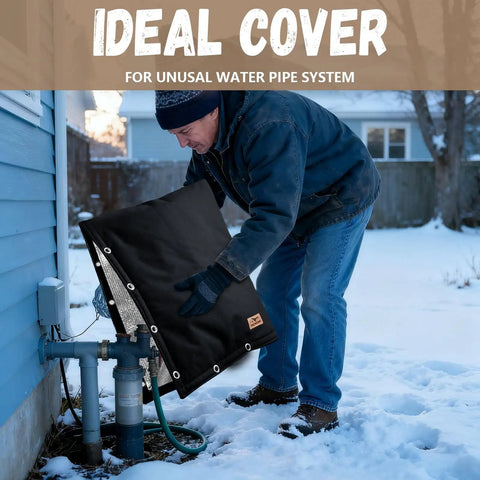 Man installing Backflow Preventer Insulation Cover With L Shaped Opening And 2 Way Access For Irregular Pipes Outdoor