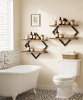 Top Shelf Two Tier Floating Wall Shelves Set Of Two With Sleek Diamond Iron Frame Rustic Brown Metal Decor For Living Room Bedroom Kitchen Home Office That Delivers A Fresh Industrial Vibe And Serious Storage Solutions, featuring bath products arranged stylishly.