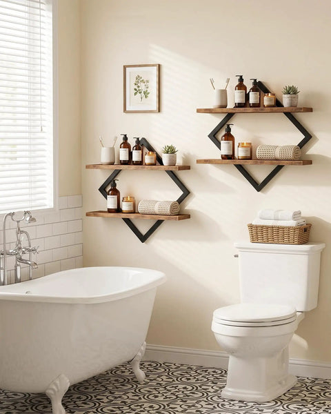 Top Shelf Two Tier Floating Wall Shelves Set Of Two With Sleek Diamond Iron Frame Rustic Brown Metal Decor For Living Room Bedroom Kitchen Home Office That Delivers A Fresh Industrial Vibe And Serious Storage Solutions, featuring bath products arranged stylishly.