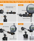 How to use Digital Dial Indicator Set With Magnetic Base 1 Inch Travel 0.0005 To 0.01 Inch Resolution Pro Grade Great For 3D Printers CNC Machines Lathes Table Saws And Workshop Projects Includes Storage Case 90 Lbs Max Pull in 4 steps.