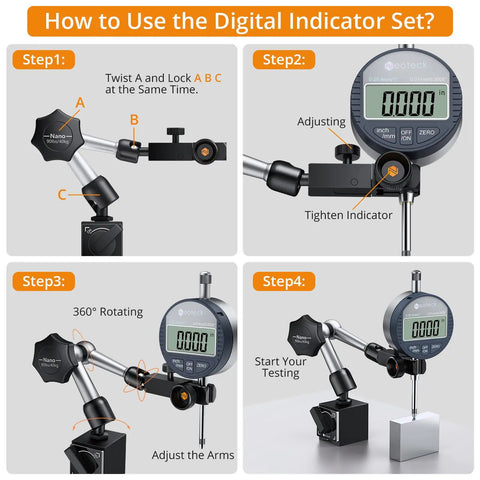How to use Digital Dial Indicator Set With Magnetic Base 1 Inch Travel 0.0005 To 0.01 Inch Resolution Pro Grade Great For 3D Printers CNC Machines Lathes Table Saws And Workshop Projects Includes Storage Case 90 Lbs Max Pull in 4 steps.