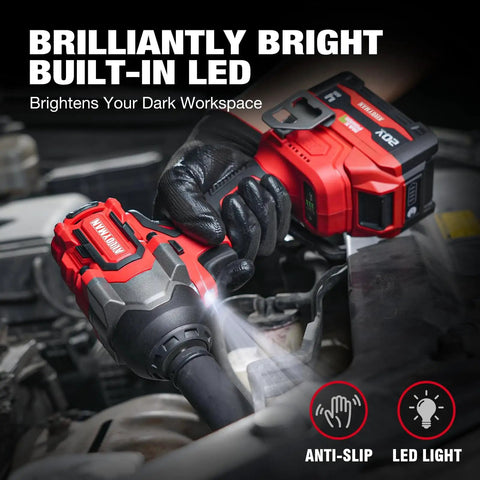 Badass 20 Volt Brushless Impact Gun Snaps Rusty Nuts Off With Nine Hundred Ft Lbs Of Beast Mode Torque And Twin Four Amp Hour Battery Packs For Daily Drivers And Trailers in use with built-in LED light and anti-slip grip.