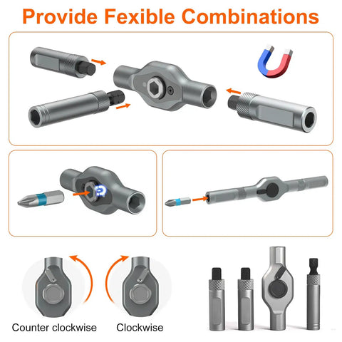 24 In 1 Magnetic Screwdriver Set With Detachable Ratchet T Handle showing flexible configurations and magnetic function