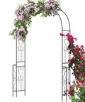 7.9 Ft Metal Garden Arch Trellis For Climbing Plants Like Roses And Clematis decorated with flowers, black galvanized metal