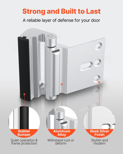 Kick Resistant Door Reinforcement Lock, 2 Pack Heavy Duty Security Strike Plate Withstands 800 Lbs, Fits Inward Opening Entries, Rock Solid Aluminum Build shown with rubber bumper and sleek design.