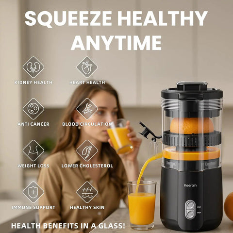 Keerain Electric Orange Juicer Hand-Free Citrus Squeezer with 100W Motor And Cleaning Brush extracting juice into a glass.