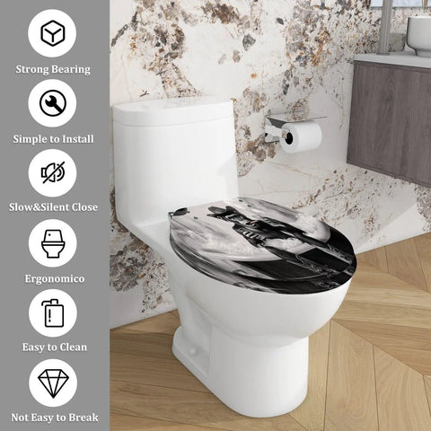 Elongated Resin Toilet Seat For Bathroom on a white toilet with unique design, easy to install, fits most standard sizes.