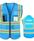 No Sweat High Visibility Reflective Safety Vest With Custom Logo And Deep Pockets Super Snag Free Mesh Neon Blue Crew Wrap Rock Solid 4XL front and back view.