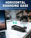 1D 2D QR Barcode Scanner With Adjustable Folding Stand And Charging Cradle shown on a desk with horizontal charging base.