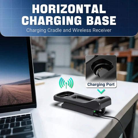 1D 2D QR Barcode Scanner With Adjustable Folding Stand And Charging Cradle shown on a desk with horizontal charging base.