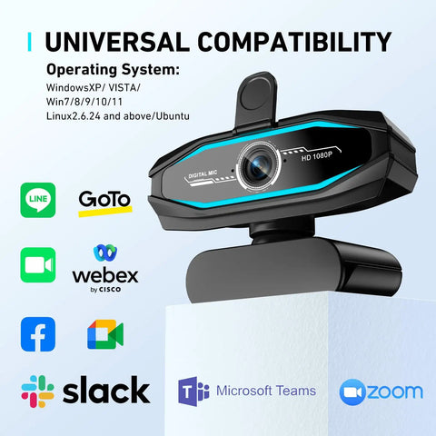 Crisp 1080P Webcam With Bangin Mic And Slick RGB Glow For Seamless Streaming showing universal compatibility and digital mic features.