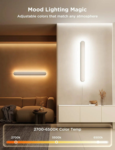 Straight Up Versatile Smart Wall Sconces Featuring Hella Bright RGBICW Led Bulbs Totally Customizable 16 Million Colors And Game Changing Matter App Control Low Key Chic Accent Lighting For Any Vibe Set Of Two Pieces mounted on wall in modern living room.
