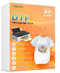 Box of DTF Transfer Film Paper A4 20 Sheets Premium PET Direct To Film for sublimation on fabrics with printer and printed shirt