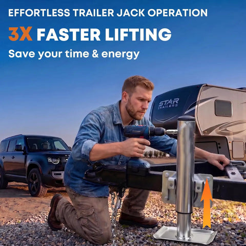 Rock Solid Heavy Duty Stainless Steel Trailer Jack Drill Adapter For One Inch Drive Shafts Fits Rvs Campers Boats And Dump Trailers With Half Inch Socket No Sweat Setup Kit in use with power drill.