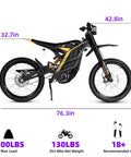 Badass 8000W Electric Dirt Bike For Adults With 75 Mile Range And 60 Mph Top Speed side view showcasing dimensions and design.