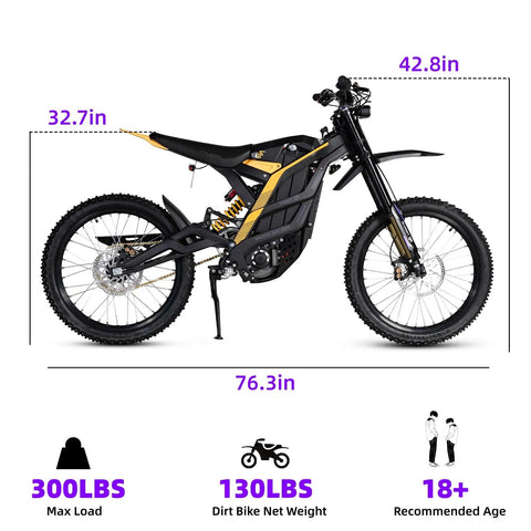 Badass 8000W Electric Dirt Bike For Adults With 75 Mile Range And 60 Mph Top Speed side view showcasing dimensions and design.