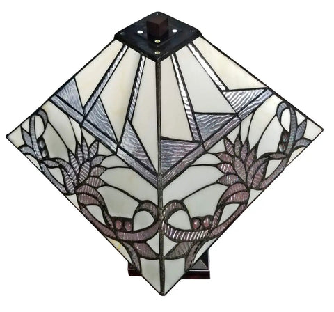Stained Glass Table Lamp With Floral Pattern, 22 Inch Tall Banker Mission Design, Vintage Antique Look, top view of lamp shade