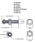 4+1 Pack 10mm Ball Studs With Hardware For Gas Lift Struts, 5/16-18 Thread, 0.59 Inch Long Shank, M8 Mounting Hardware Included, Zinc Plated Steel, Includes Washers And Nylock Nuts, Heavy Duty Lift Support Fittings; dimension chart