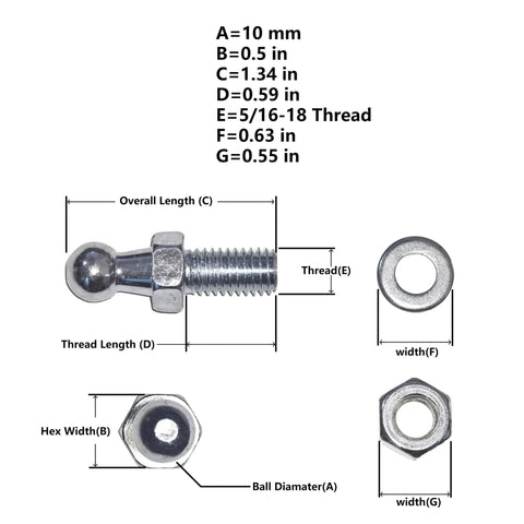 4+1 Pack 10mm Ball Studs With Hardware For Gas Lift Struts, 5/16-18 Thread, 0.59 Inch Long Shank, M8 Mounting Hardware Included, Zinc Plated Steel, Includes Washers And Nylock Nuts, Heavy Duty Lift Support Fittings; dimension chart