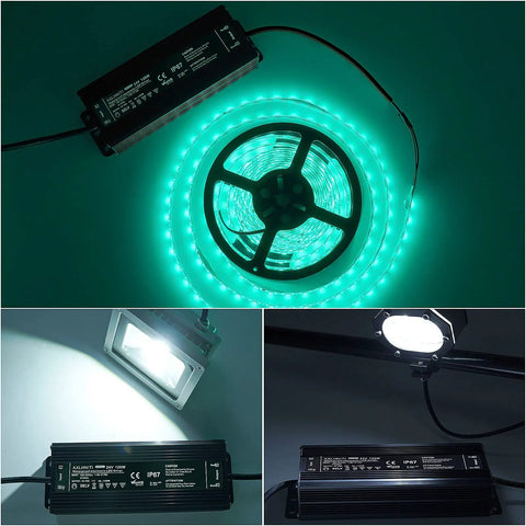 IP67 Waterproof LED Driver 120W Power Supply for LED strip lights next to illuminated strip, showcasing connectivity and output settings.