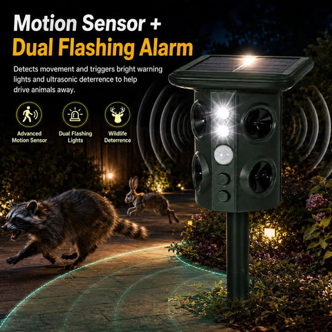 Outdoor Ultrasonic Animal Deterrent With Motion Sensor, Solar Powered Pest Repeller, 3 In 1 System With Ultrasound, Flashing LED Light, And Ground Vibration To Deter Snakes, Moles, Voles, And Gophers In Your Yard on garden stake