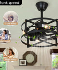 Caged Ceiling Fan With Remote Control And Light, Farmhouse Flush Mount Industrial Low Profile Ceiling Fan For Dining Room And Bedroom, Quiet Copper Motor, Enclosed Design With Dimmable Lighting Dope Vibe showcasing speed settings