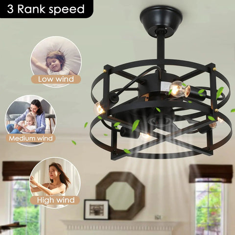 Caged Ceiling Fan With Remote Control And Light, Farmhouse Flush Mount Industrial Low Profile Ceiling Fan For Dining Room And Bedroom, Quiet Copper Motor, Enclosed Design With Dimmable Lighting Dope Vibe showcasing speed settings