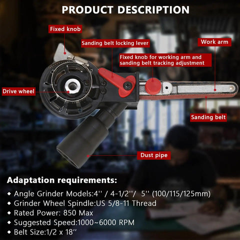 Solid Belt Sander Attachment For Angle Grinder Fits 4 5 Inch Tools And US 5 8 To 11 Thread showing sanding belt and adjustment features.