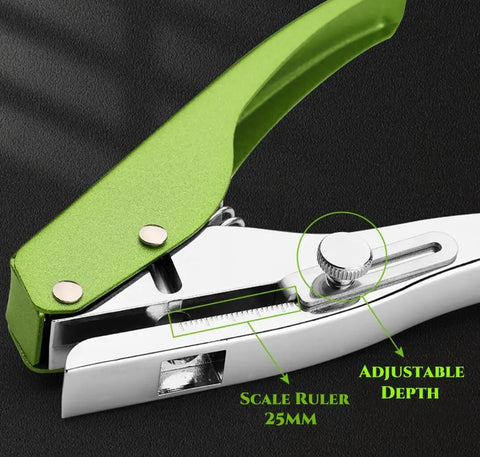 Heavy Duty Single Hole Punch Handheld Paper Punch For Cards Tags Scrapbooks And Crafts Five Sixteenth Inch Eight Millimeter Hole Size, Ergonomic Zinc Alloy Puncher with green handle and adjustable depth