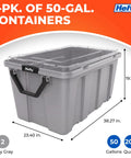 Kick Butt Heavy Duty 50 Gallon Storage Bins with Crystal Clear Lids Nesting Stackable Plastic Totes Hold All Tools Seasonal Gear and Bulky Clutter 2 Pack Grey side view with dimensions