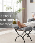 Woman lounging in Cozy Lazy Chair With Ottoman For Chillin And Reading, Ultra Comfy Lounge Seat in living room, relaxed with book.
