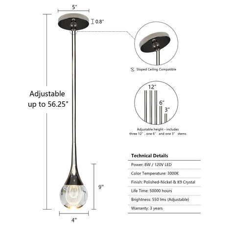 Teardrop Crystal Pendant Light With Mini LED Silver Polished Nickel Finish Metal Rod Ceiling Pendant Fixture dimensions and specs