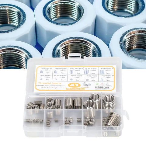 41 Piece Stainless Steel Thread Repair Insert Kit M2 To M14 With Storage Box Workhorse Set shown with labeled compartments.