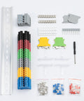 All-In-One Terminal Blocks Kit for DIY and Pro-Grade Projects, 30-Piece 32A 690V Screw Terminal System With Aluminum Rail, Jumpers, End Covers, Ground Blocks, And Multi-Color Blocks laid out.