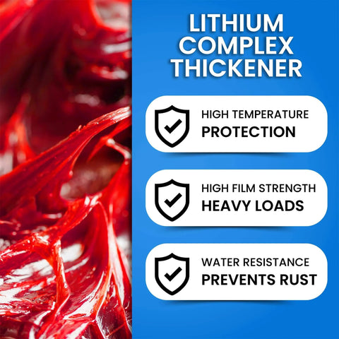 Close-up of red tacky lithium complex grease with benefits listed: high temp protection, heavy load strength, rust prevention.