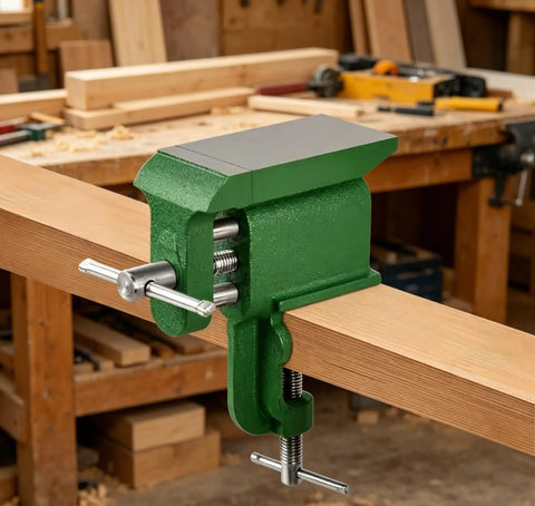 Heavy Duty Clamp-On Bench Vise With Built-In Anvil For DIY Woodworking And Metalworking, Portable Cast Iron Table Vise Clamp For Drilling, Hobby And Home Workshop Must-Have Green on wood beam