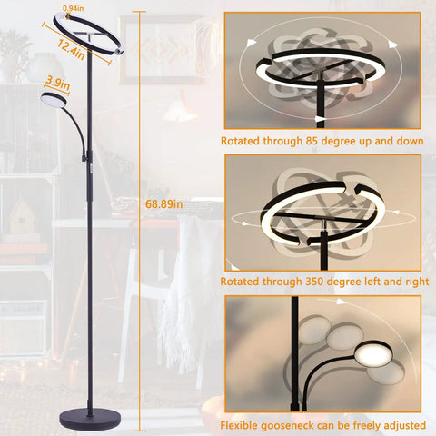 Lit LED Floor Lamp With Rotatable Main Light And Flexible Reading Light, showing rotatable angles and adjustable gooseneck.